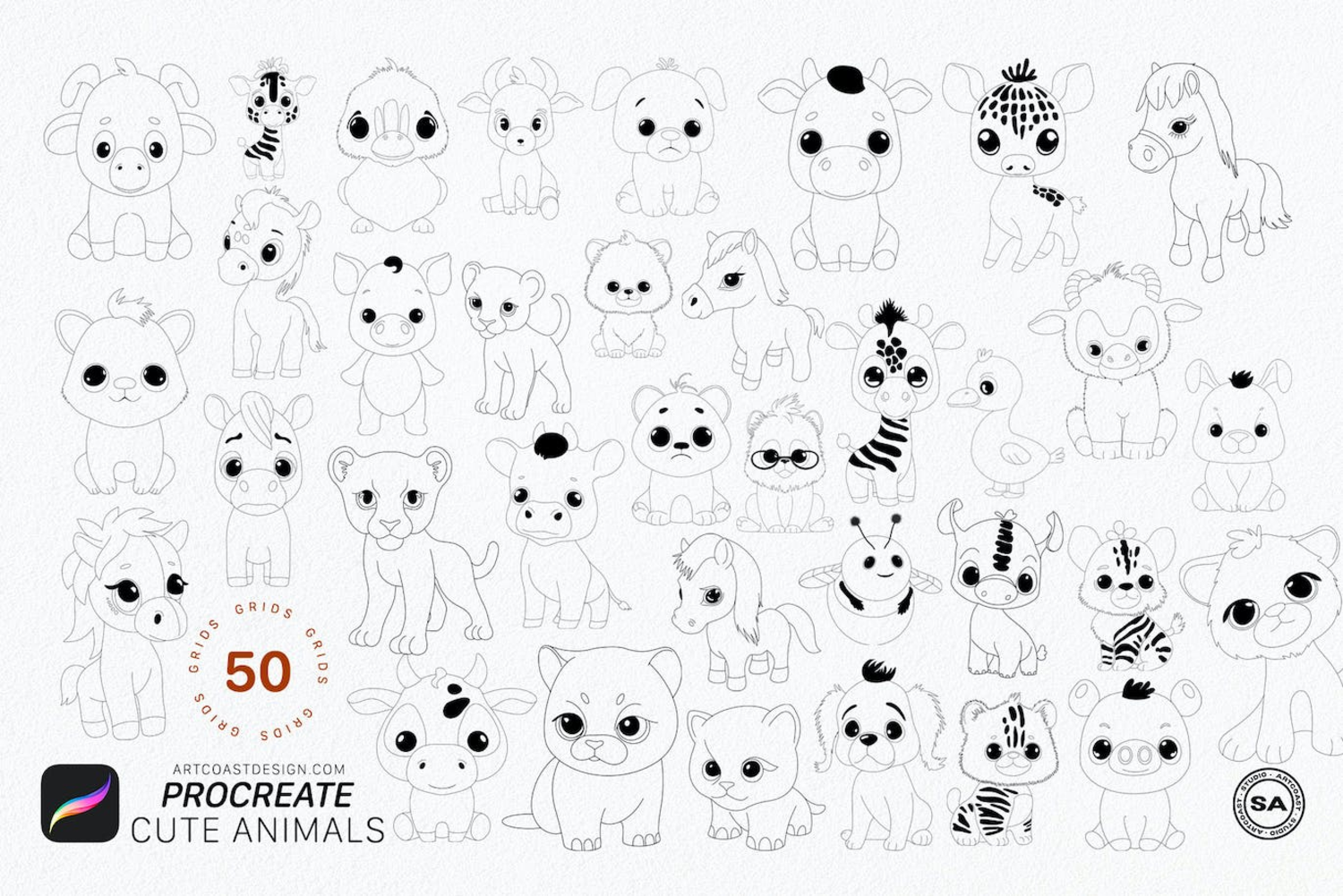 5282 50个iPad Procreate可爱的动物线稿笔刷procreate-cute-animals-grids@GOOODME.COM