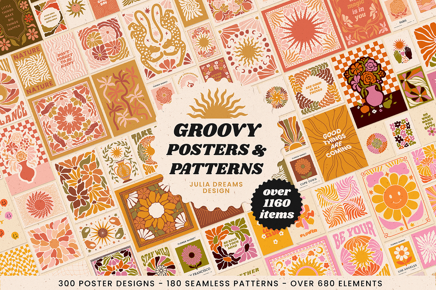 5325 波西米亚风格的抽象Groovy迷幻海报和花卉纹理图案素材包-Groovy Boho Posters Patterns Flower 70s@GOOODME.COM