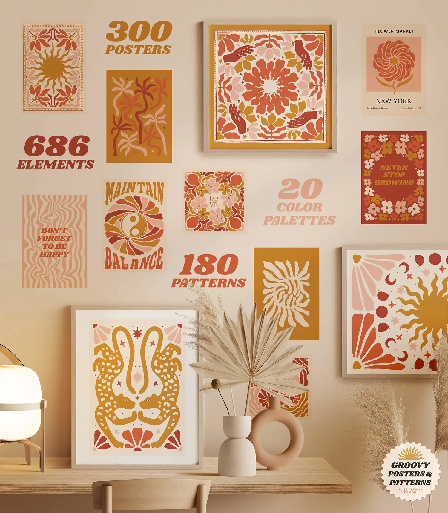 5325 波西米亚风格的抽象Groovy迷幻海报和花卉纹理图案素材包-Groovy Boho Posters Patterns Flower 70s@GOOODME.COM