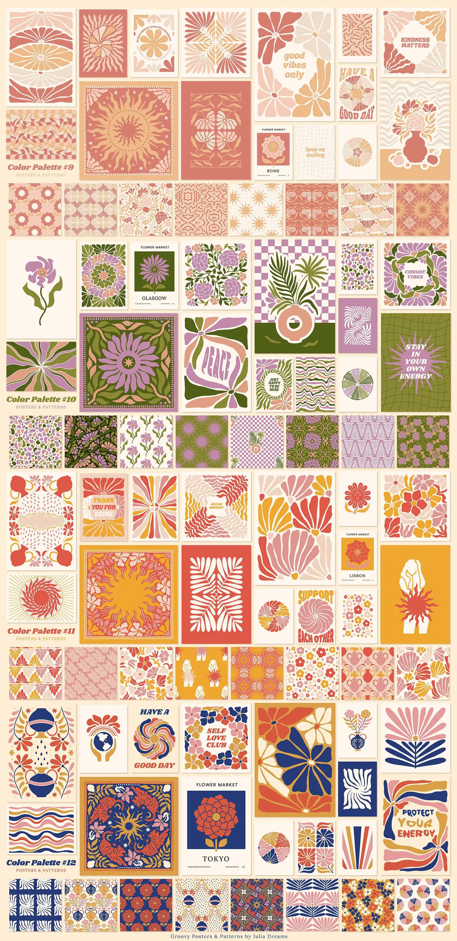 5325 波西米亚风格的抽象Groovy迷幻海报和花卉纹理图案素材包-Groovy Boho Posters Patterns Flower 70s@GOOODME.COM