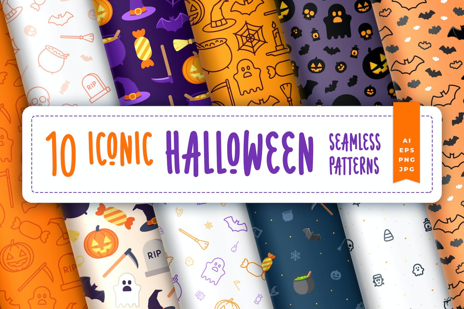 5331 10个可爱常用的万圣节主题矢量背景素材包 Iconic Halloween Seamless Patterns@GOOODME.COM