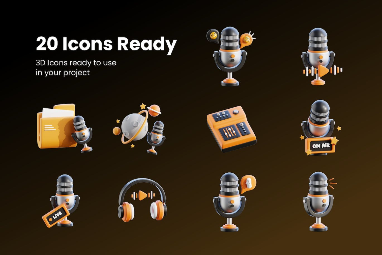 5406 20个适合播客主题的3D图标素材包 Podcast 3D Icon Pack _ 果觅网（gooodme）