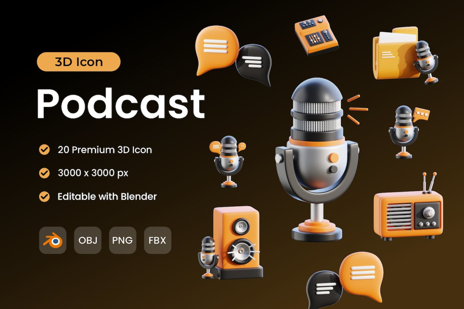 5406 20个适合播客主题的3D图标素材包 Podcast 3D Icon Pack