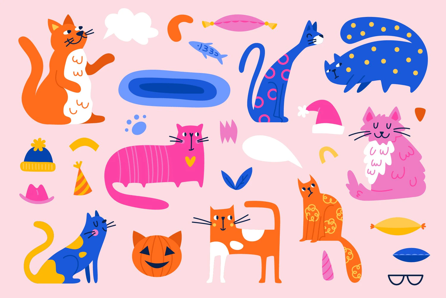 5420 猫咪主题的矢量插画和无缝拼接图案素材