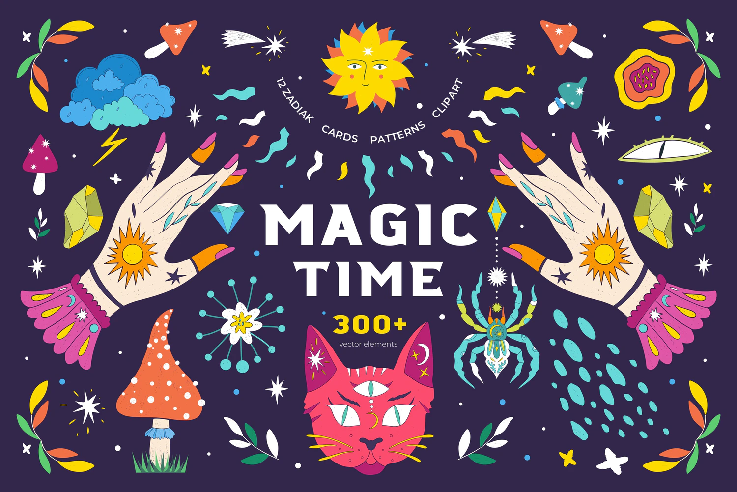 5424星座花卉魔法主题的手绘风格彩色矢量插画素材-Magic Time