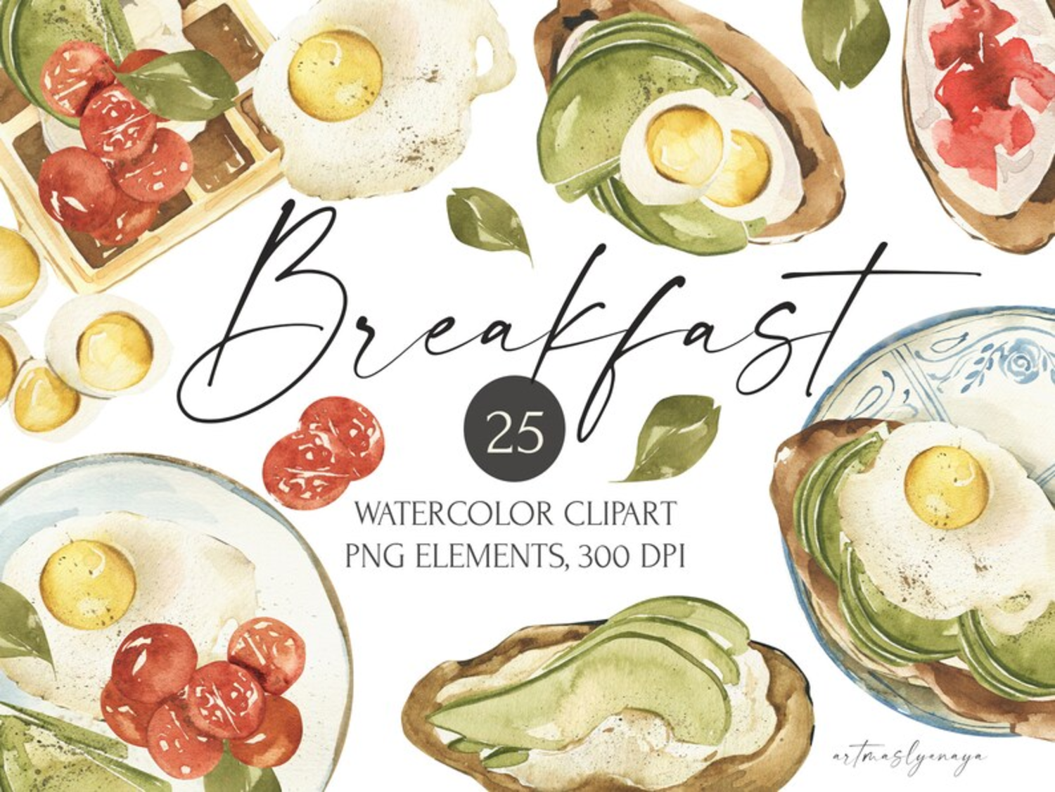 5430 健康早餐食物的水彩剪贴插画素材