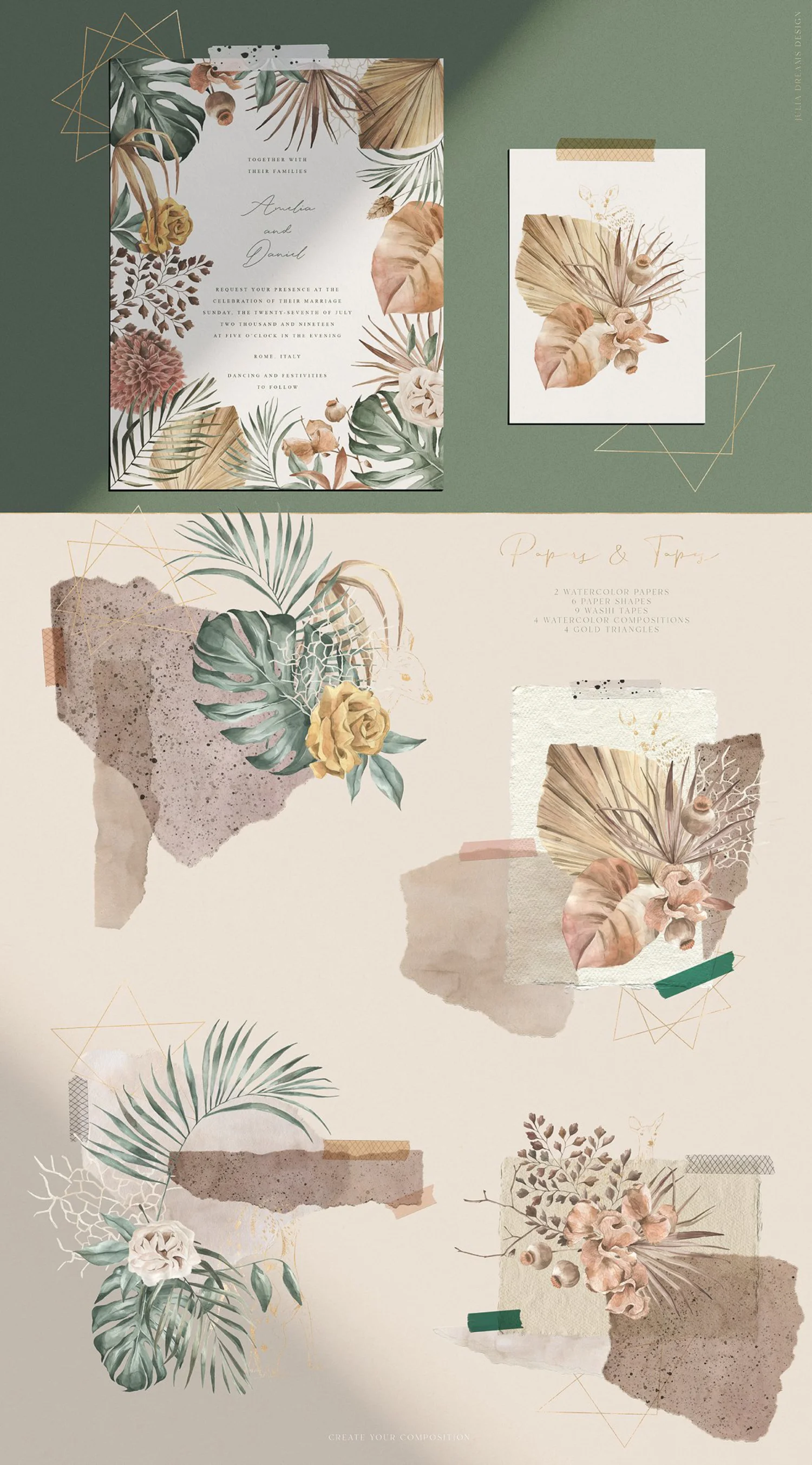 5439 热带植物棕榈叶和鹿的水彩插画素材
