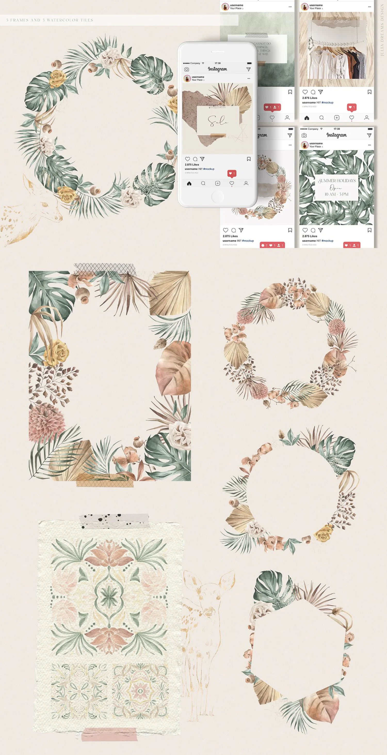 5439 热带植物棕榈叶和鹿的水彩插画素材