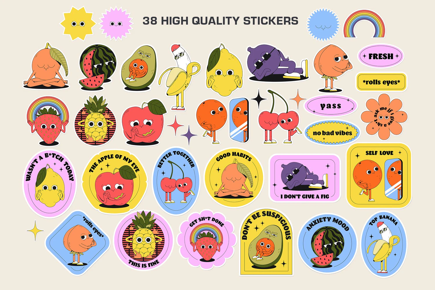 5459 可爱拟人化水果卡通形象的矢量贴贴纸插画素材