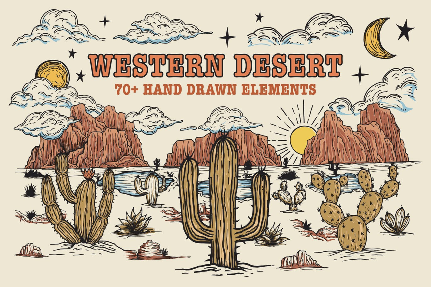 5476 美国西部沙漠手绘风格插画素材包