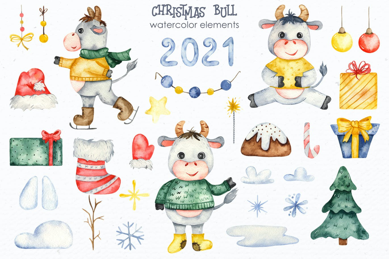 5480 手绘水彩风格的新年圣诞节元素插画大集合