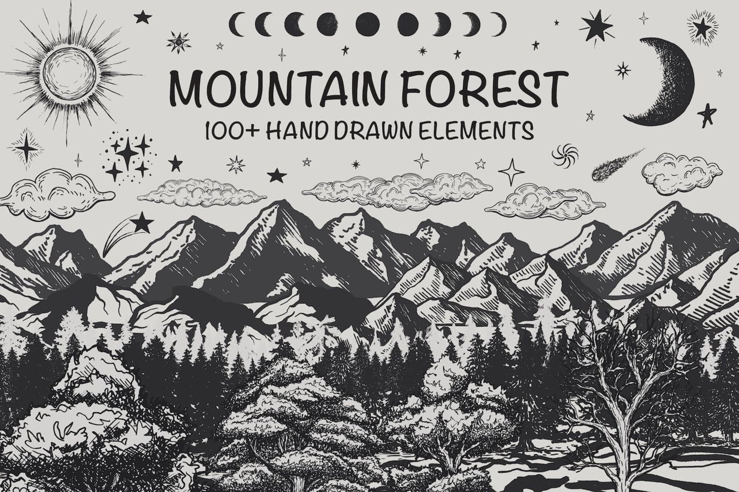 5497 原创梦幻山地森林景观插画套装设计素材