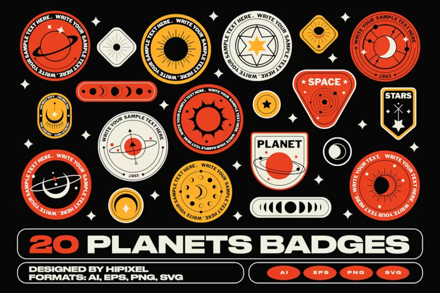 5518 复古风格行星主题的徽章贴纸图形素材 – Planets Badge Stickers