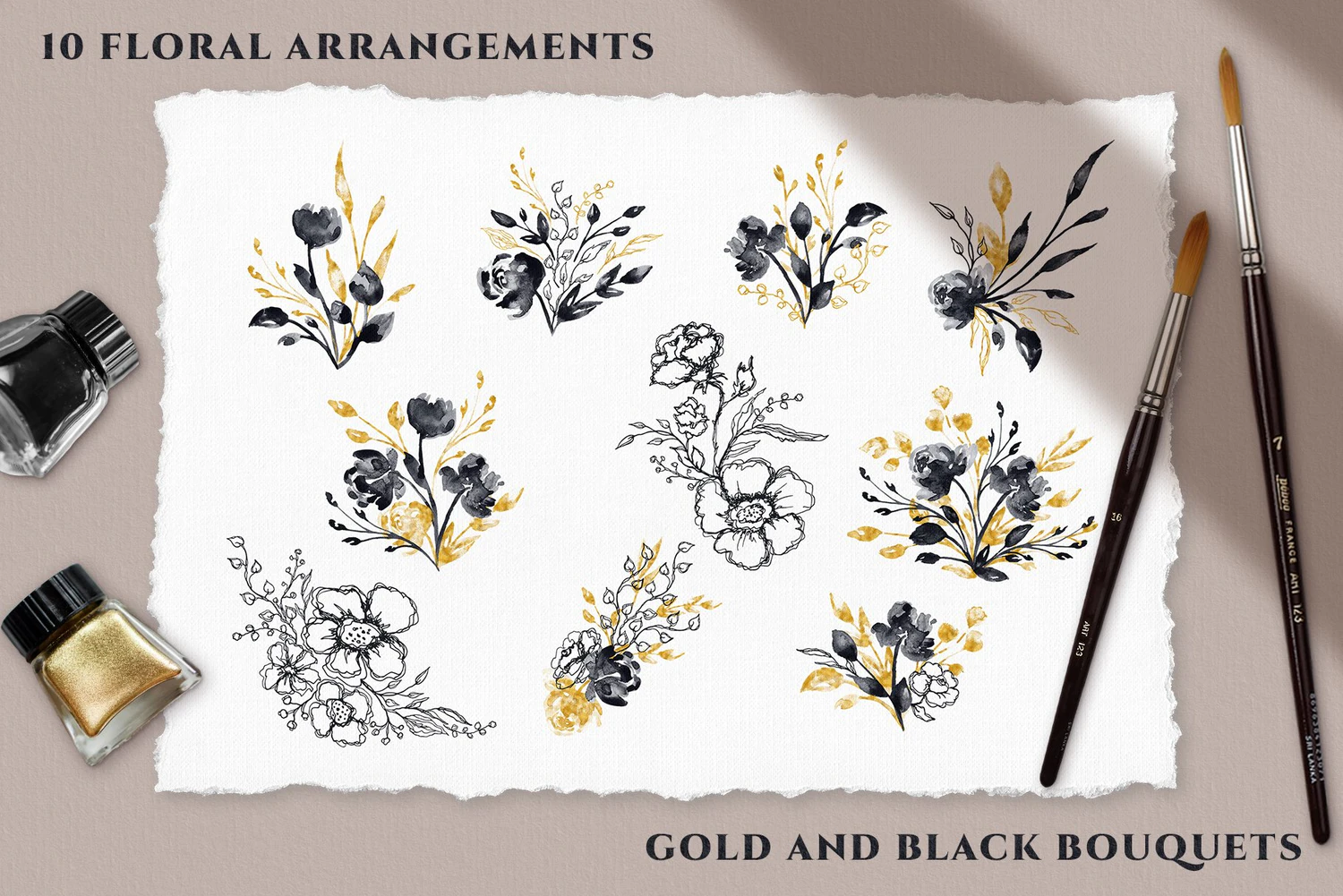 5568 典雅的黑色&黄金水彩花卉插画素材