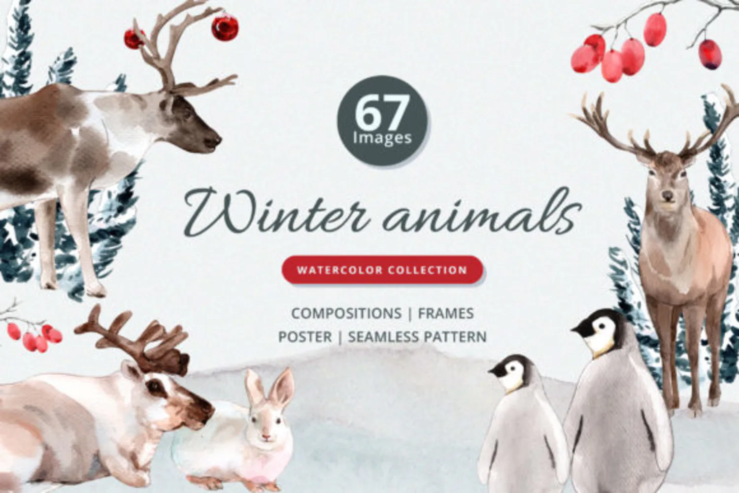 5582 冬季主题动物水彩插画素材