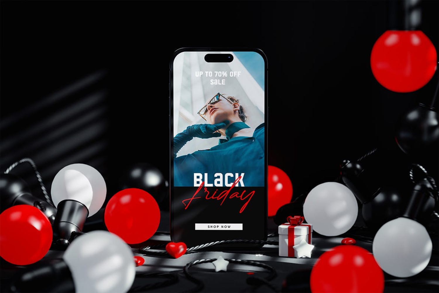 5671 带灯串的手机屏幕黑色场景样机 -phone-screen-with-string-lights-black-scene-mockup