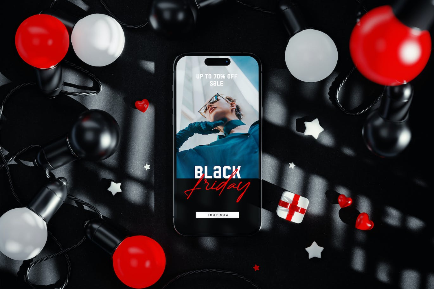 5671 带灯串的手机屏幕黑色场景样机 -phone-screen-with-string-lights-black-scene-mockup