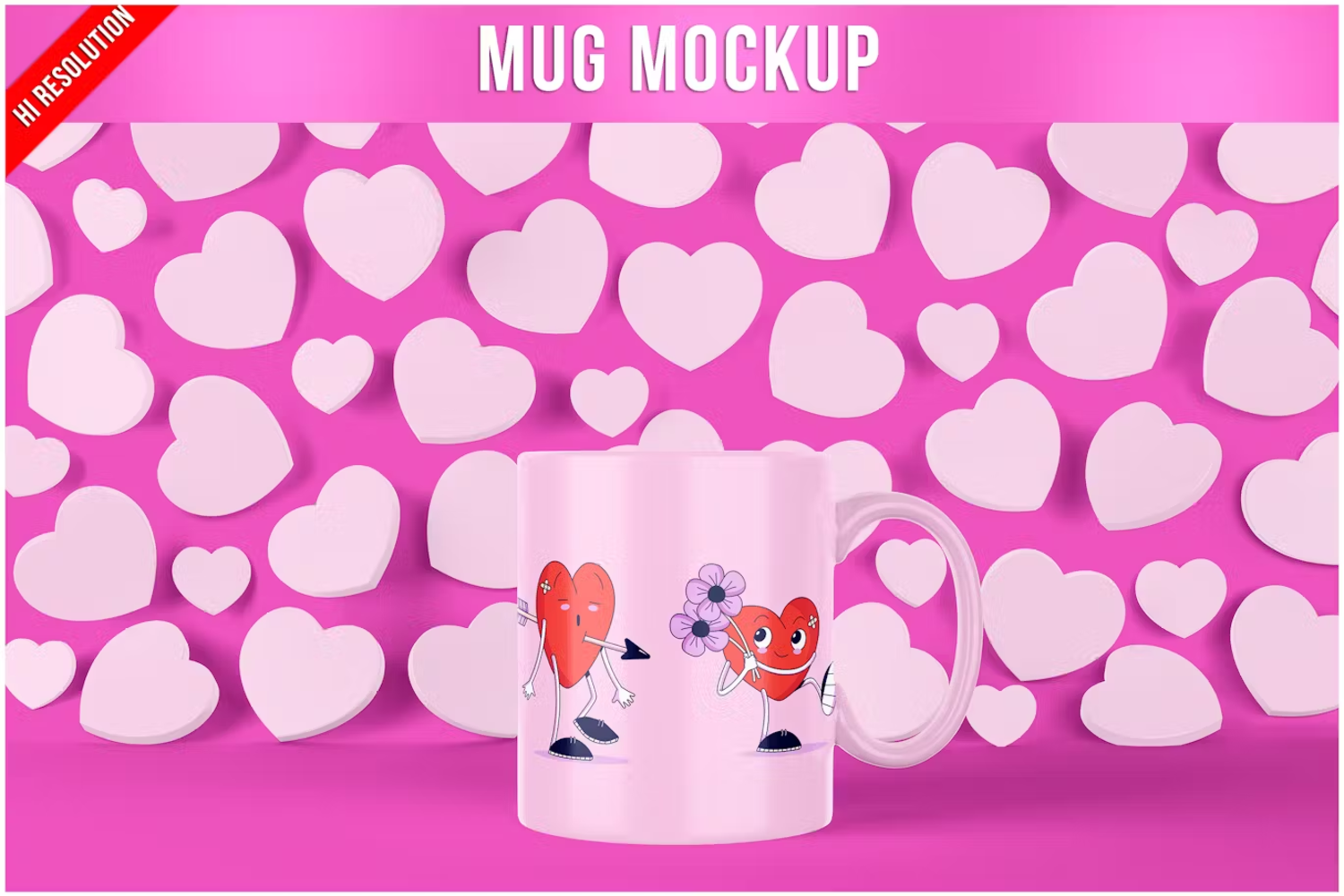 5819 创意咖啡杯设计工具心形背景多功能定制化PSD模板样机-Mug with Heart Background Mockup