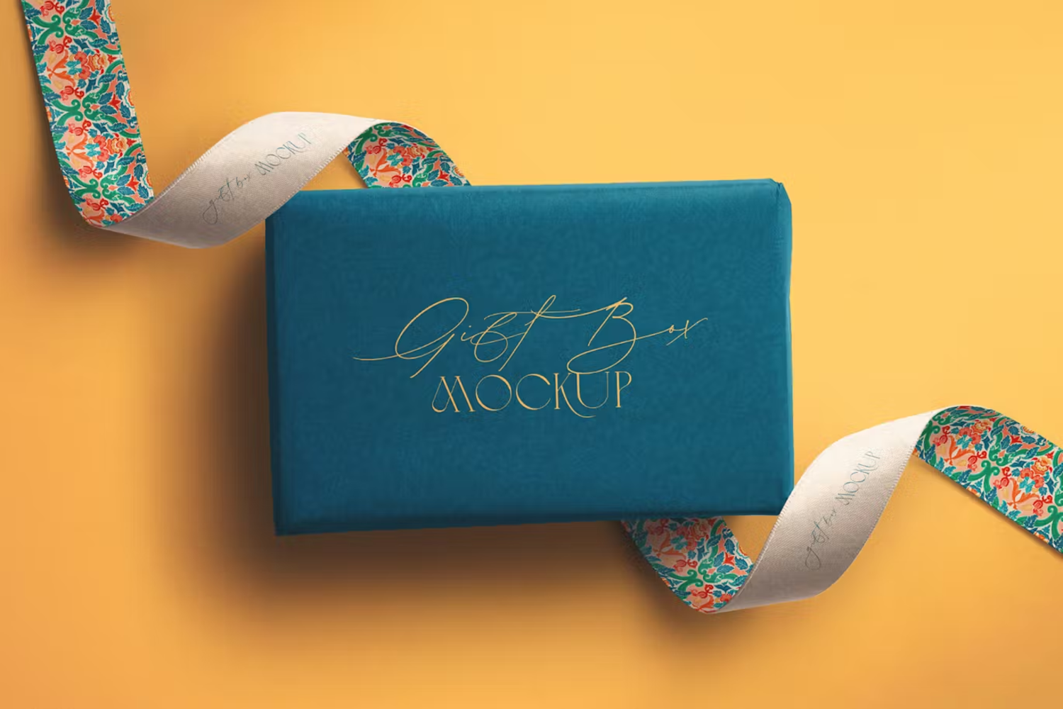 5830 丝带装饰礼品盒模型PSD样机-Gift Box Mockup with Curled Silk Ribbons