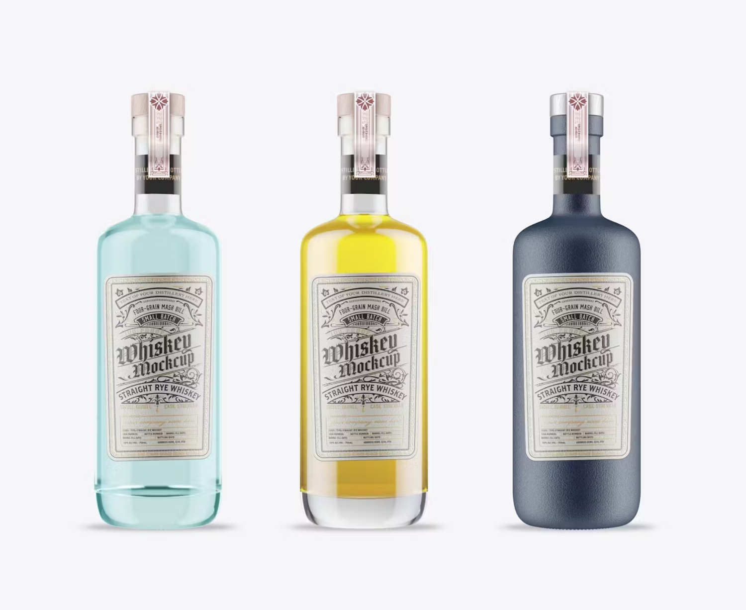 5849 高级定制透明玻璃酒瓶模型样机-Classic Set 3 Liquor Bottles Mockup