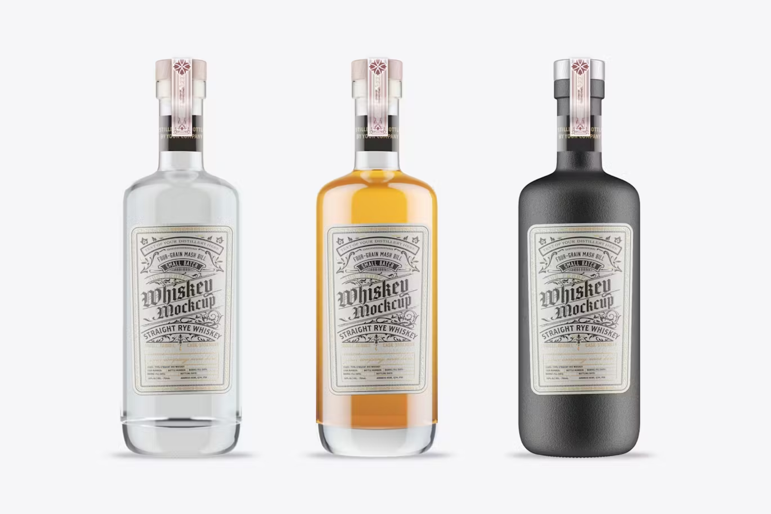 5849 高级定制透明玻璃酒瓶模型样机-Classic Set 3 Liquor Bottles Mockup