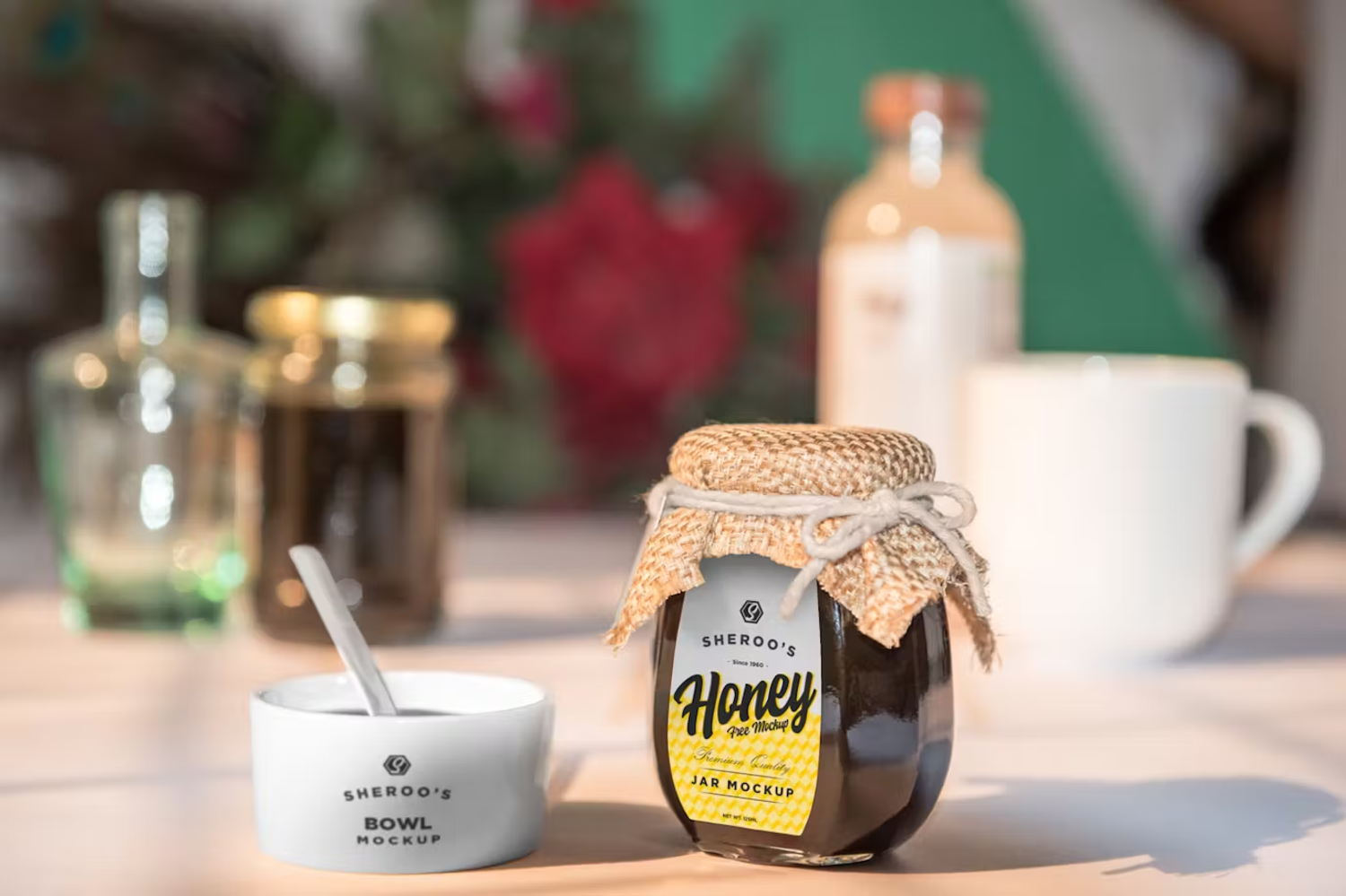 5890 个性化蜂蜜罐模型样机-Honey Jar Mockups