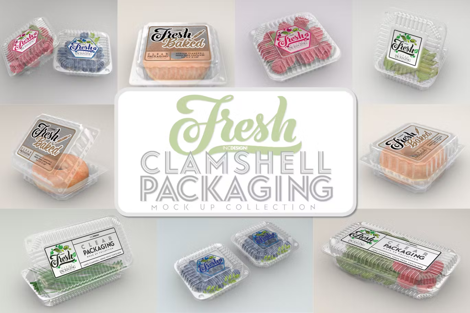 5898 精致设计透明包装盒模型PSD样机-Clear Clamshell Containers Fresh Packaging Mockups