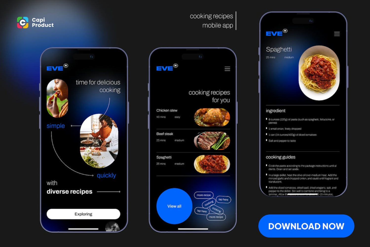 5927 烹饪食谱手机应用APP UI KIT – 黑暗模式极简主义