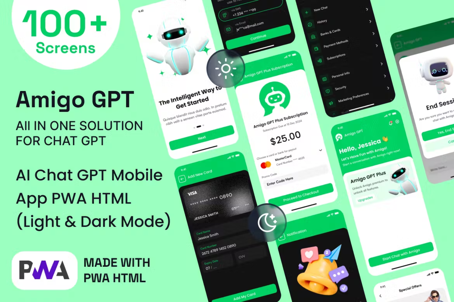 5969 全能AI聊天机器人手机应用PWA HTML模板-Amigo AI Chat GPT Mobile App PWA HTML Template