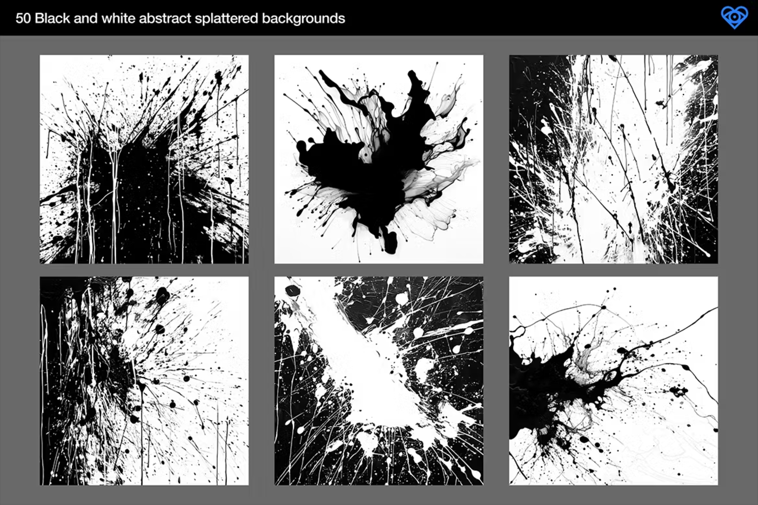 6054 黑白喷溅纹理动感艺术项目设计背景PSD素材-50 Black and White Splatter Textures