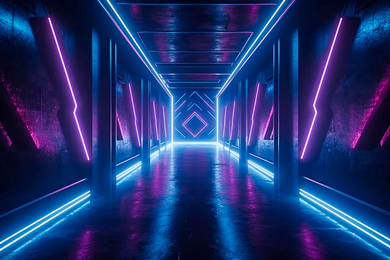 6079 科幻未来感数字化霓虹灯走廊3D背景素材-Futuristic Neon Corridor 3D Backgrounds