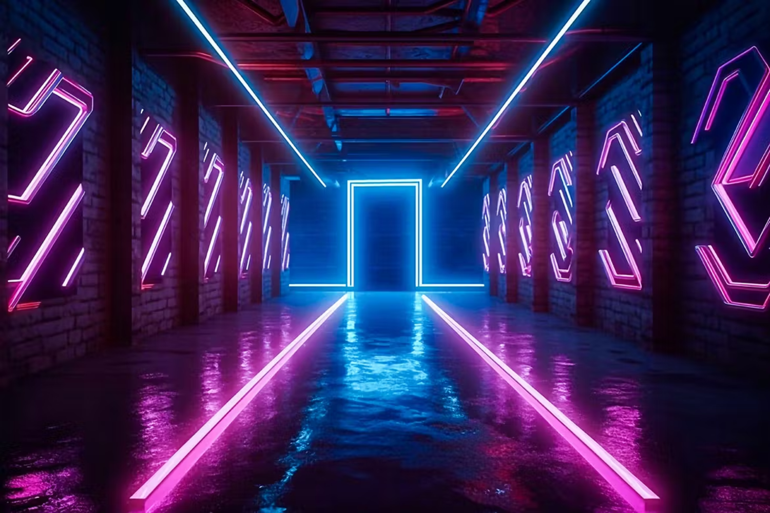 6079 科幻未来感数字化霓虹灯走廊3D背景素材-Futuristic Neon Corridor 3D Backgrounds