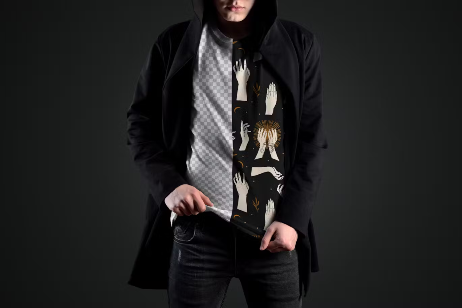 6136 两件套个性潮流男士黑色帽衫模型样机-2 Mockups Man T-Shirts in a Black Hood Mantle