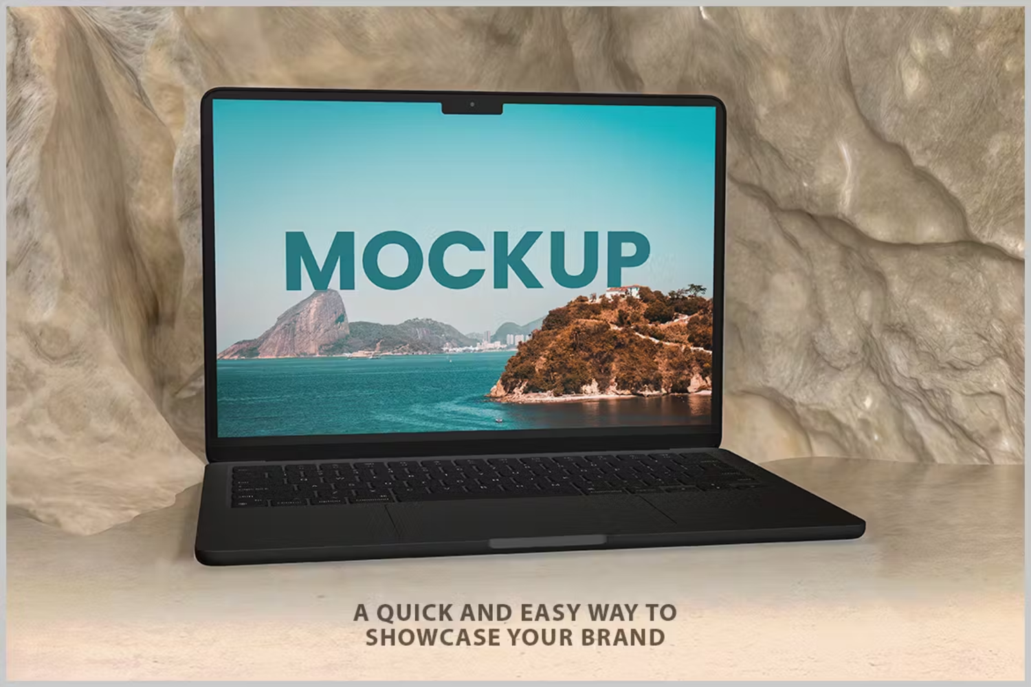 6153 岩石上的笔记本电脑模型样机-Laptop Leaning Against the Rock Mockup