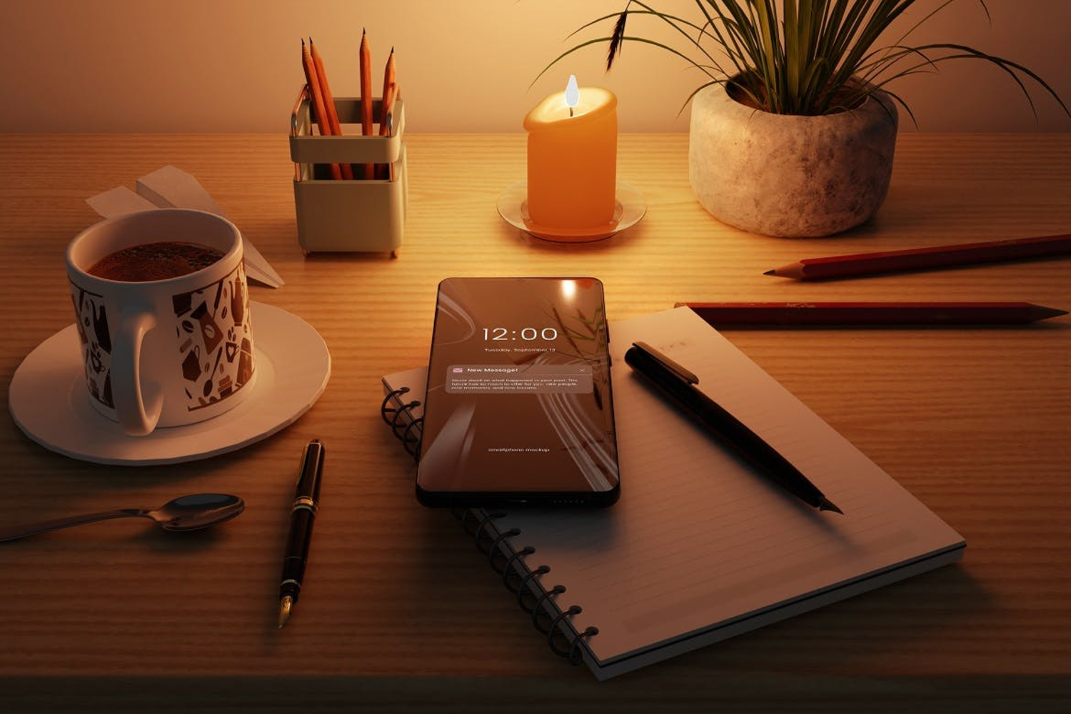 6287 带文具和咖啡的智能手机模型-Smartphone Mockup with Stationery and Cup of Coffee