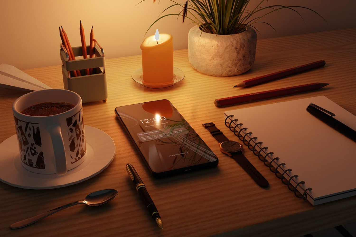 6287 带文具和咖啡的智能手机模型-Smartphone Mockup with Stationery and Cup of Coffee