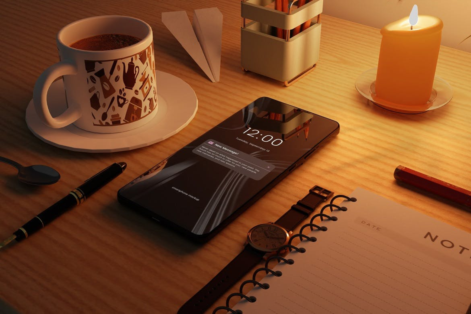 6287 带文具和咖啡的智能手机模型-Smartphone Mockup with Stationery and Cup of Coffee