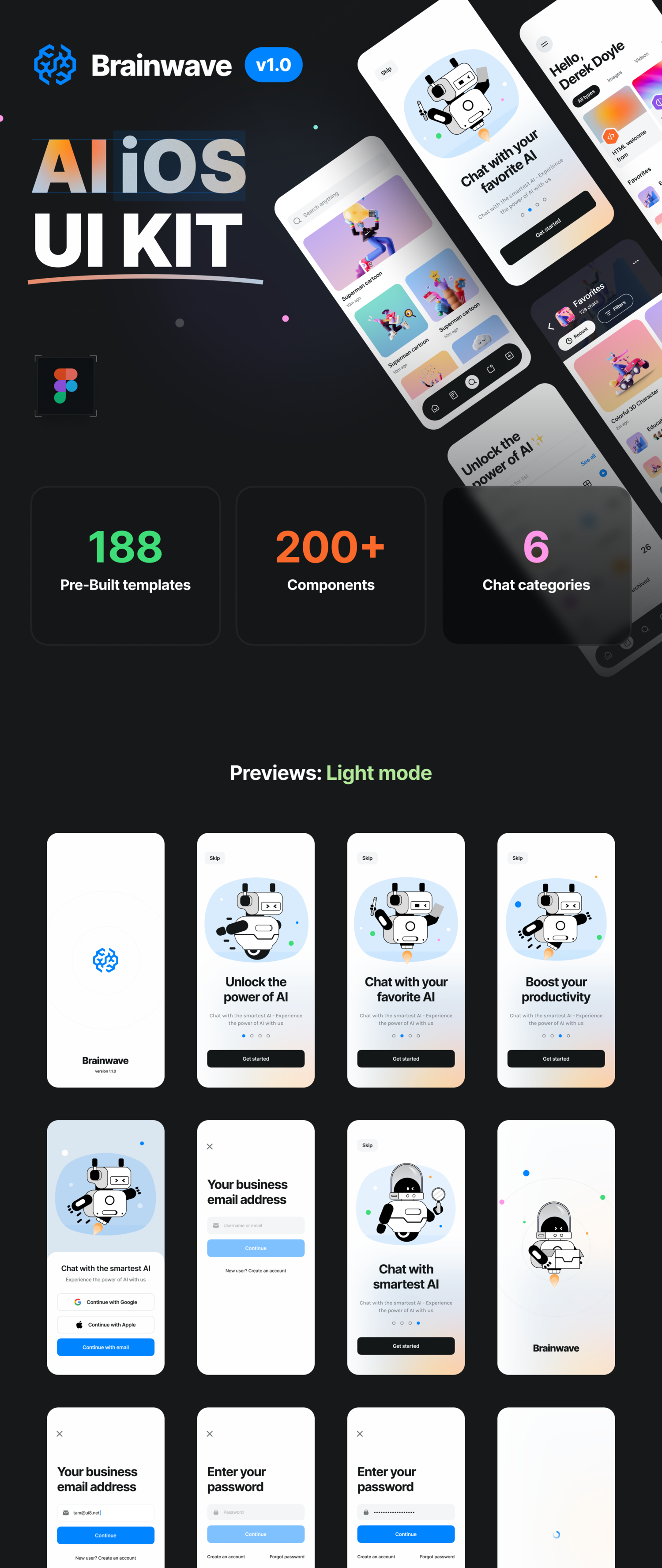 A01 双配色Ai人工智能ChatGPT聊天机器人社交App应用ui界面设计Fig设计套件Brainwave – AI iOS UI Kit