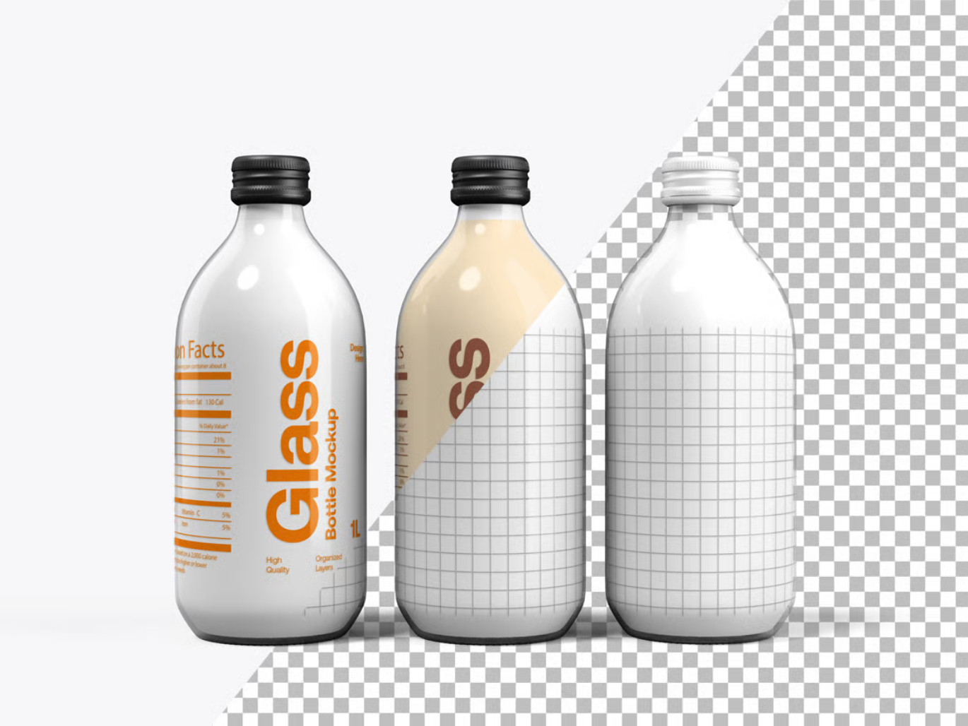 PS样机玻璃瓶透明质感高分辨率PSD分层智能对象商业设计素材Glass Bottle Mockup-果觅网