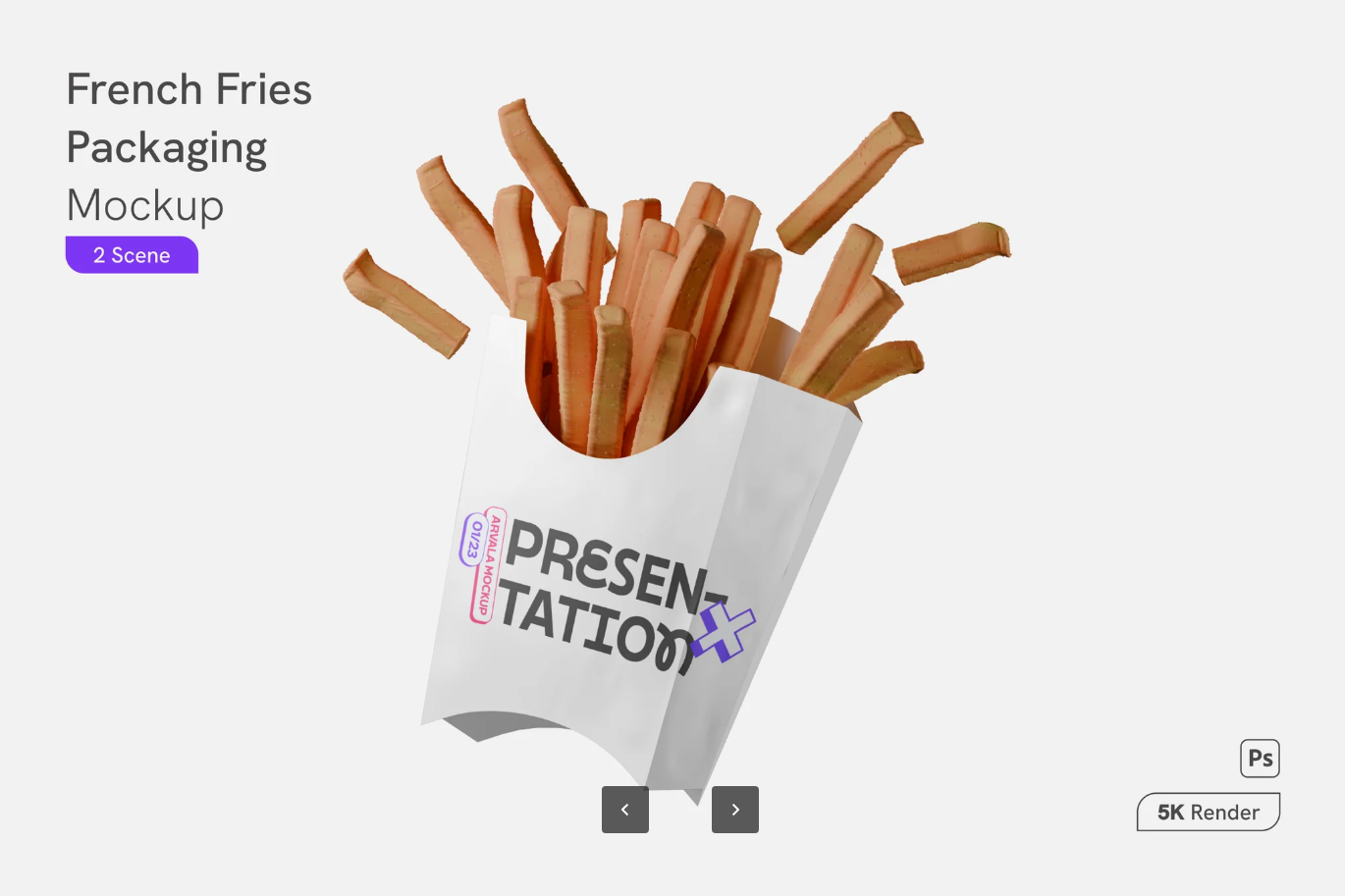 G6557 PS样机薯条包装设计分层PSD素材可编辑模板高分辨率立体展示French Fries Packaging Mockup