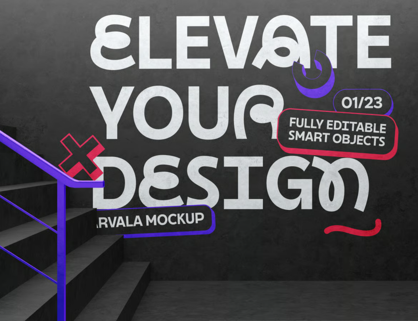 高分辨率楼梯墙PS样机PSD分层设计师必备展示模板Stairs Wall Mockup-果觅网