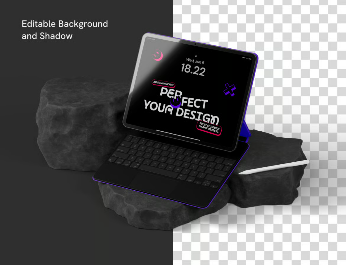 PS样机iPad Pro智能键盘高保真分层设计Mockup模板UI设计素材PSD源文件iPad with Magic Keyboard-果觅网