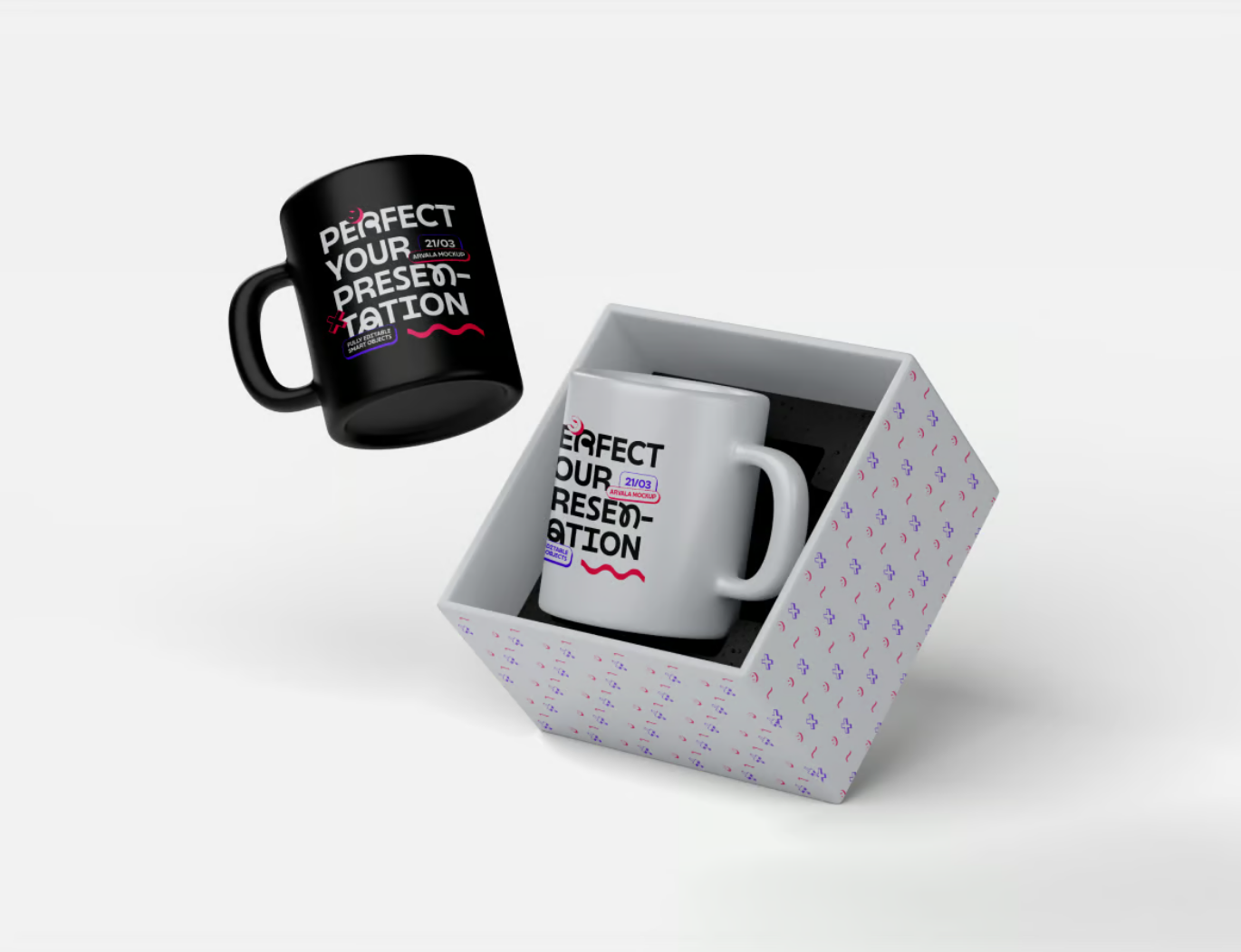 高保真马克杯样机套装PSD分层素材带包装盒展示360度商业设计模板Mug With Box Mockup-果觅网