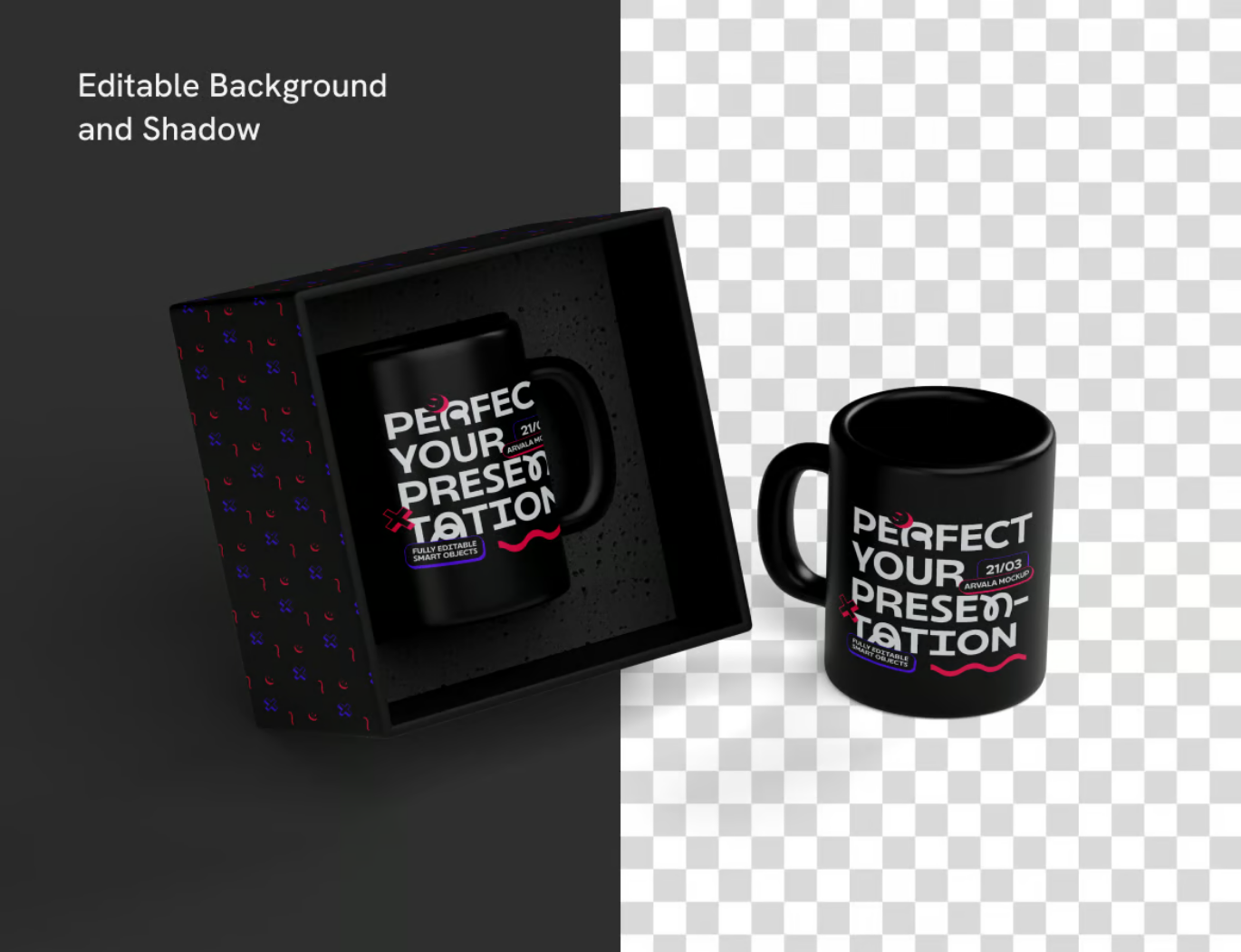 高保真马克杯样机套装PSD分层素材带包装盒展示360度商业设计模板Mug With Box Mockup-果觅网