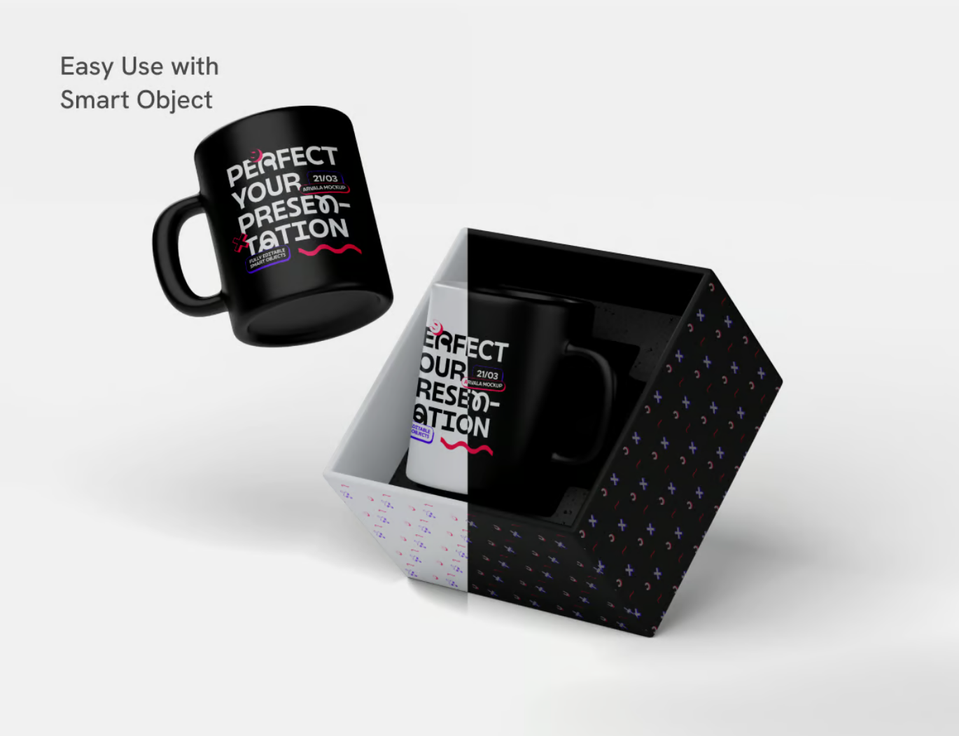 高保真马克杯样机套装PSD分层素材带包装盒展示360度商业设计模板Mug With Box Mockup-果觅网