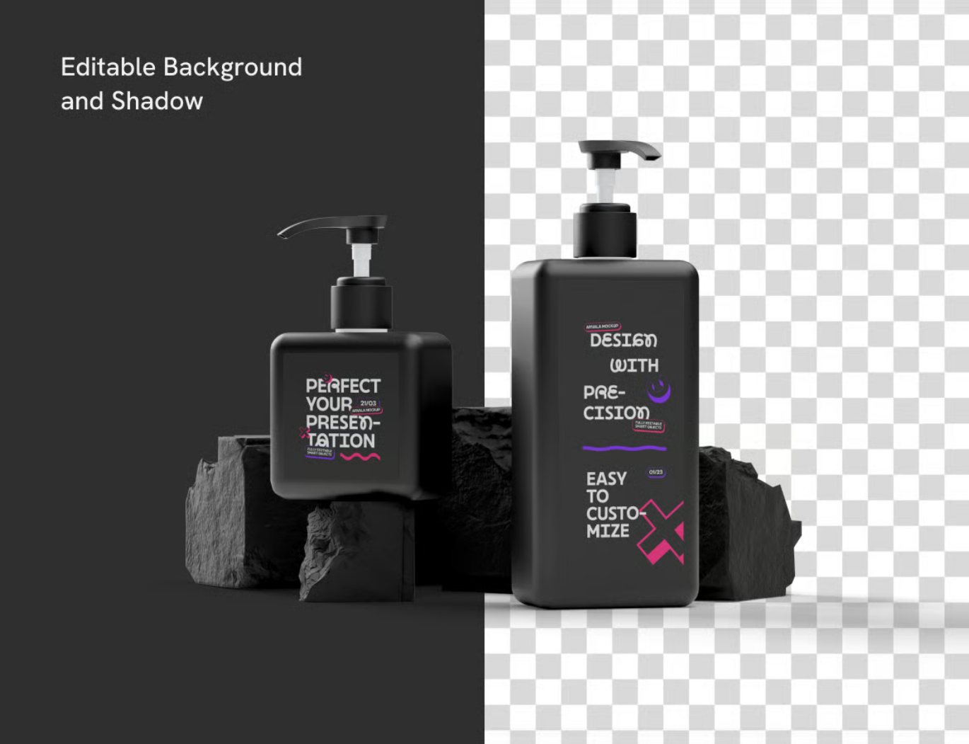 高分辨率PS分层按压瓶样机化妆品包装3D效果可编辑文字Pump Bottle Mockup-果觅网