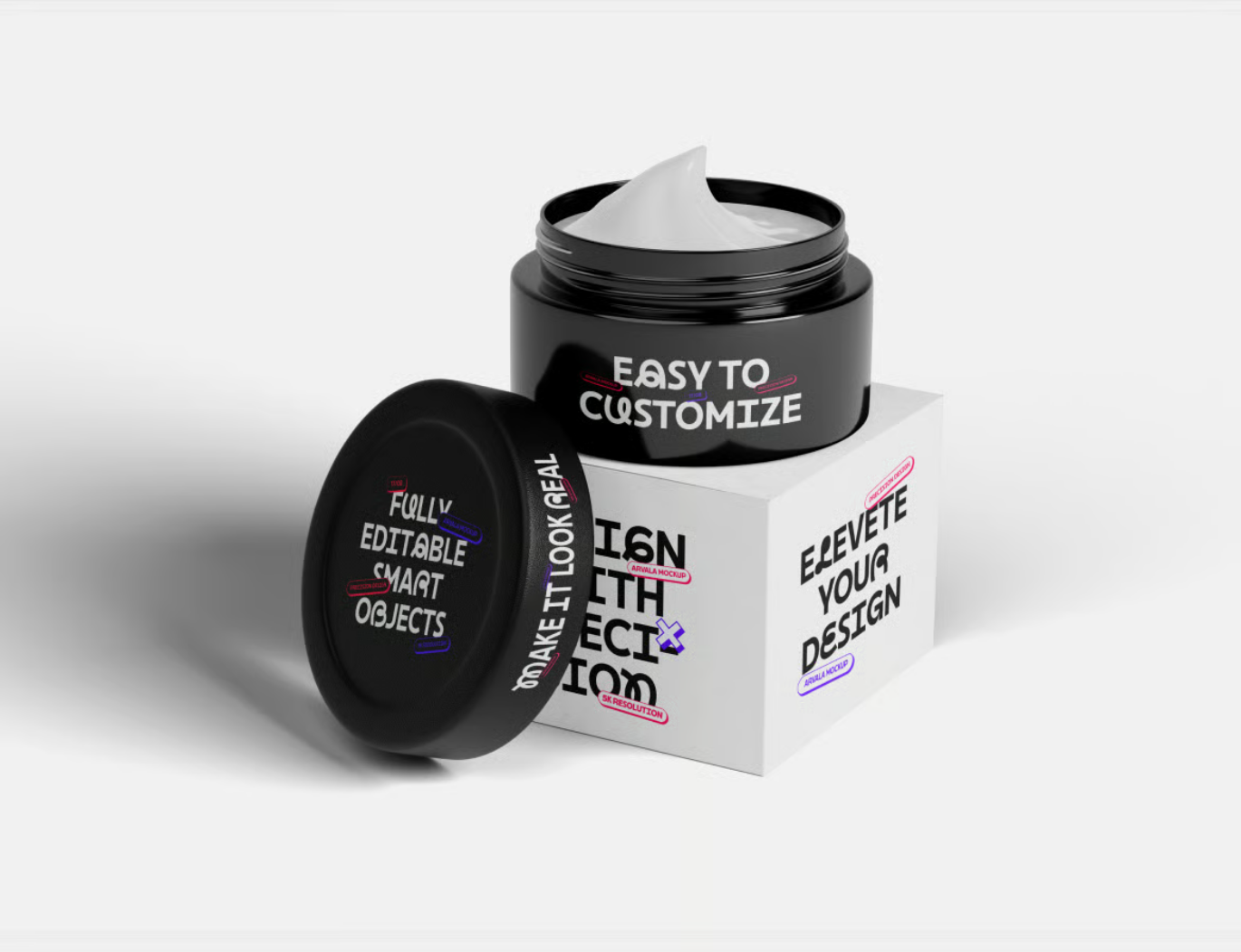 化妆品包装样机护肤品瓶3D立体展示PSD分层素材高端设计模板Cosmetic Cream Jar with Box Mockup-果觅网