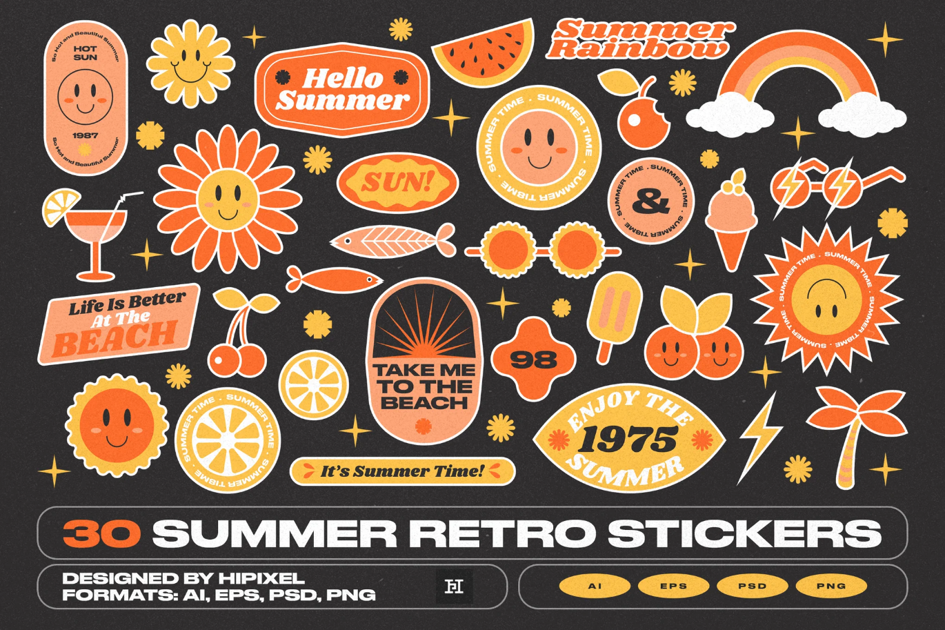 G6781 2025夏日复古风手绘贴纸包30款PNG透明插画风设计师必备30 Summer Retro Stickers