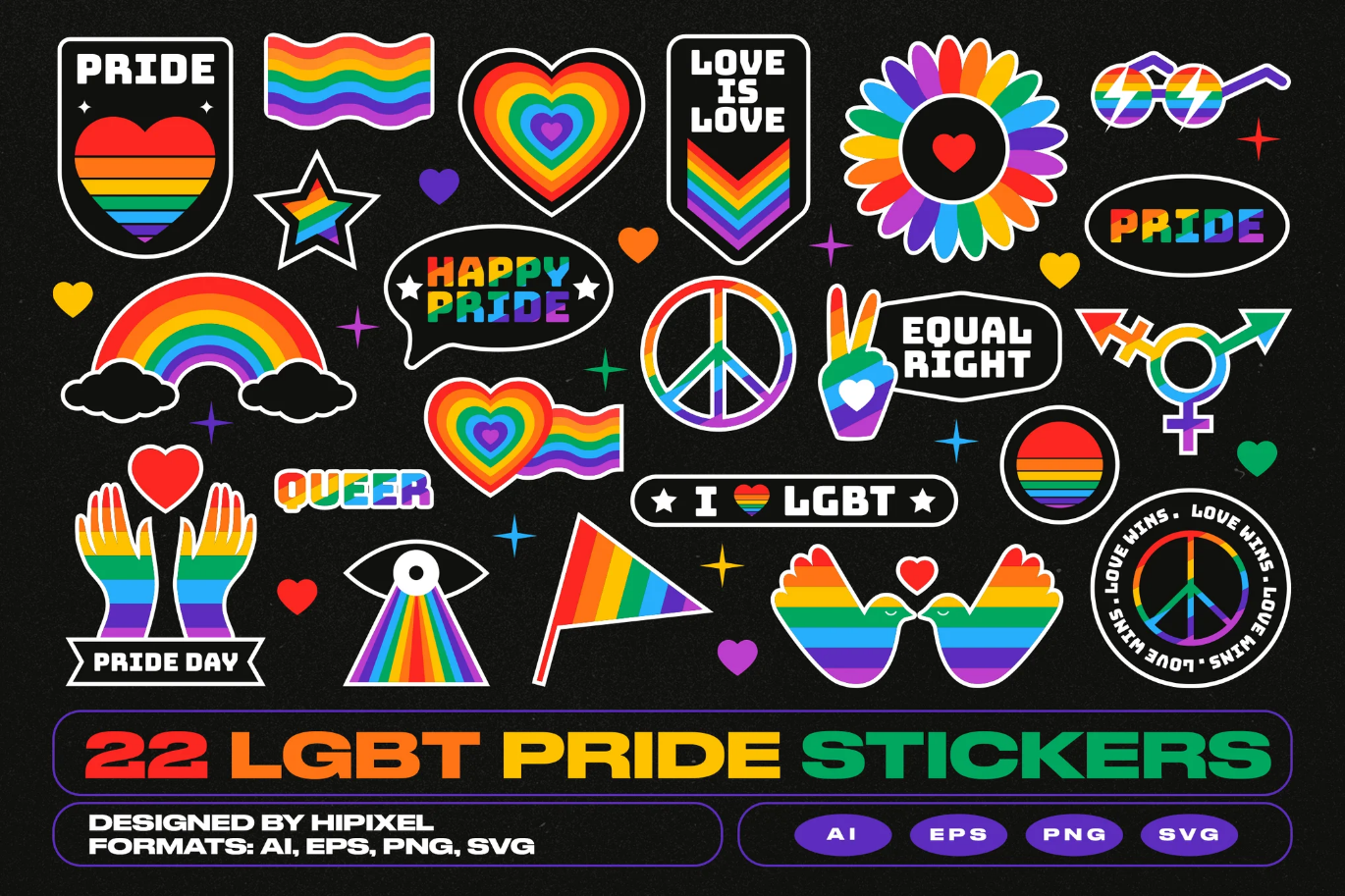 G6786 22款LGBTQ+彩虹Pride贴纸矢量PNG免抠图22 LGBT Pride Rainbow Stickers