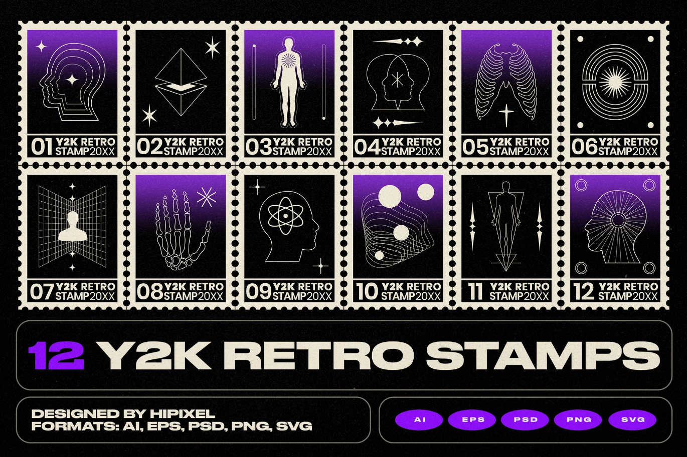 G6794 Y2K复古风设计素材包PSD分层AI矢量图千款贴纸2025新款Y2K Retro Stamps